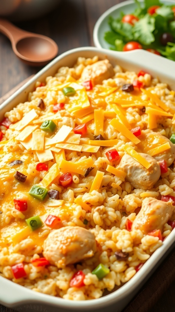 A golden brown chicken and rice casserole in a 2-quart dish, topped with melted cheese and mixed vegetables.